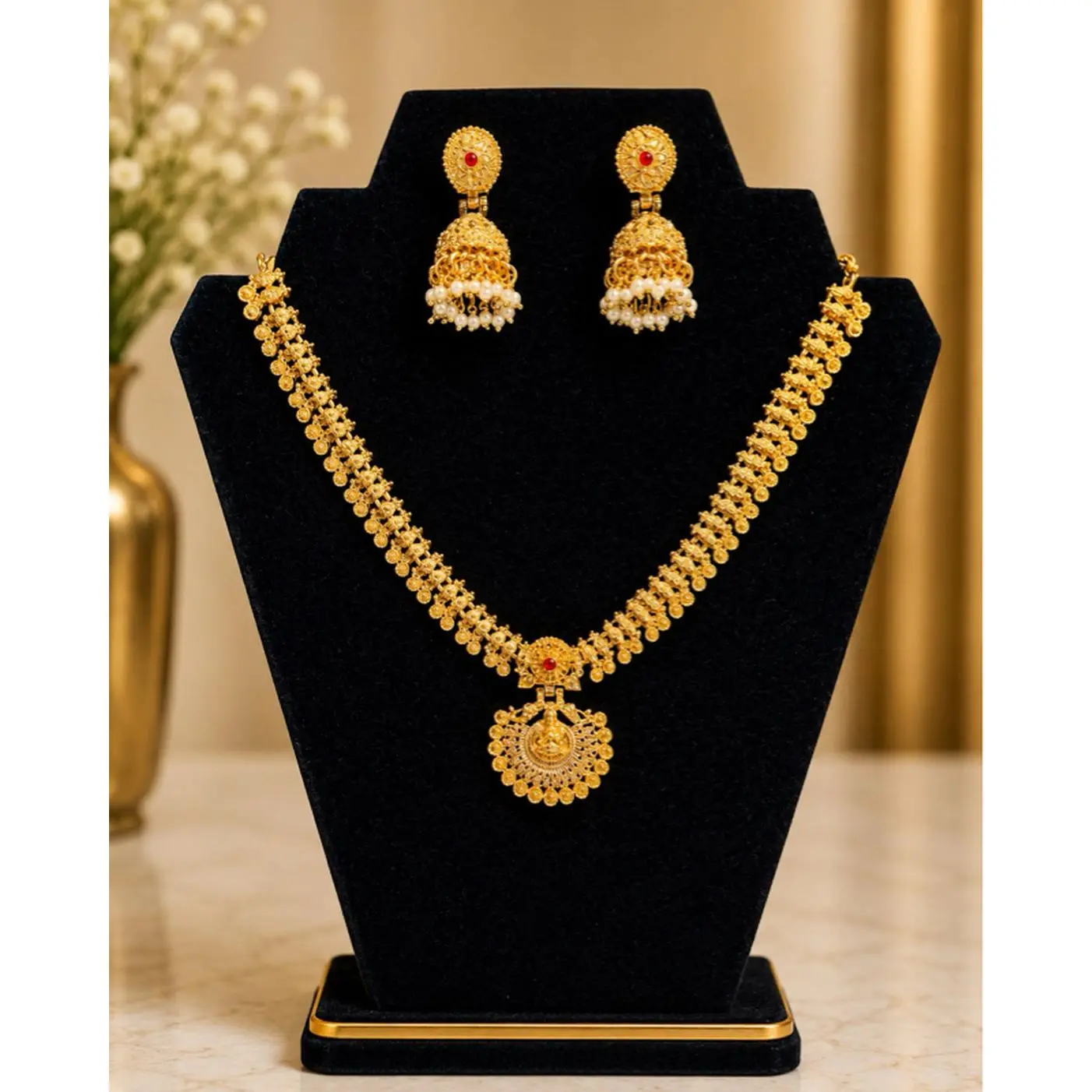 Mini Haar Set Gold Plated Necklace in Green Red and Plain Gold Colors Elegant Jewelry Set for Women