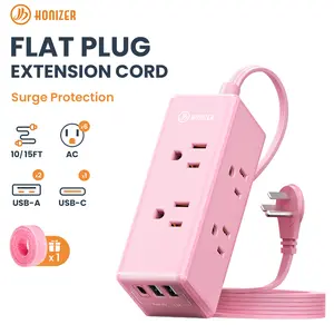 HONIZER Flat Plug Power Strip Surge Protector with 6 Outlets & 3 USB Ports (1 USB-C), 10FT/15FT Extension Cord for Home, Office, Desk, Dorm Room