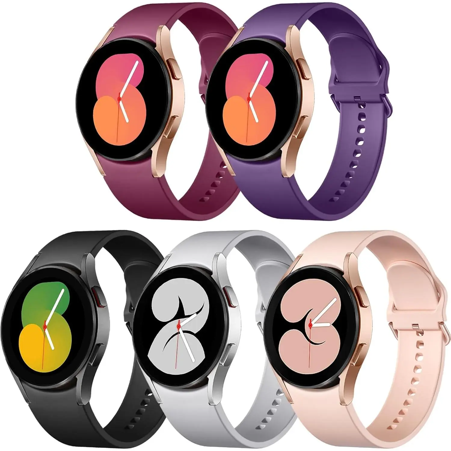 Men's 5-Pack Silicone Sport Wearable Smart Watch Straps with Adjustable Aluminium Buckle, Fashion Tech Accessories, Men's Accessories, Compatible with Galaxy Watch 7/6/5/4, 6 Classic, 5 Pro, Active 2 (20/42/43/44/45/46/47mm)