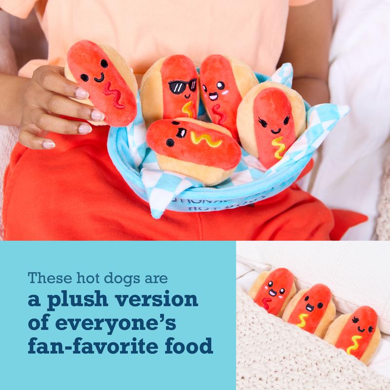 Emotional Support Hot Dogs by Relatable – Funny Valentines Plush Toys for Friends, Cute Gift for Girlfriend or Him, Includes 5 Plushies with Basket