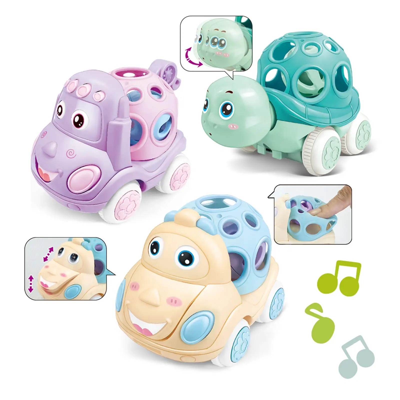 Cartoon Animal Design Car Toys, 3 Counts/set Cute Rattle Pull Back Car Toy, Early Education Car Toy Set for Gift