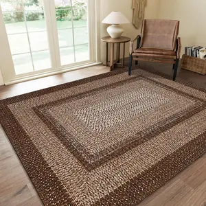 【GARVEE】8x10 Washable Braided Print Area Rug – Non Slip Farmhouse Boho Carpet for Living Room, Bedroom, or Dining Area – Modern Geometric Rustic Floor Mat with Bohemian Border in Brown