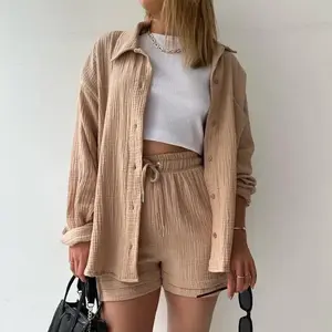 Fashion Summer Shorts featuring a turn-down collar long-sleeve shirt and high-waisted drawstring shorts; fashionable casual outfit for home wear (Sports & Outdoor), Coord Set, Versatile, Comfort, Style, BeachReady, Chic