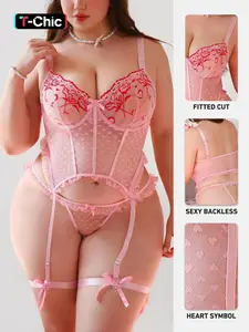 Valentine's Day Plus Size Sexy Fit Lace Mesh Heart Lingerie Set with Underwire Lingerie Top, Steel Cups, Strappy Panty Set, 4 Piece Underwear for Parties and Daily Wear, Perfect Gift