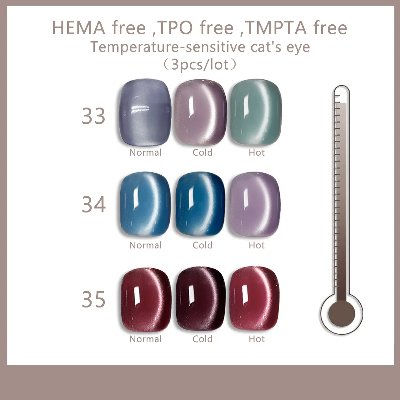 NO.33, 34, 35 Heat-Sensitive Cat Eye Gel Temparature Color Changeable Cat Eye Nail Gel Polish 3 Colors/Set 10ml Cat Eye Nail Polish UV LED Soak Off Heat-Temperature Color Changeable Cat Eye Nail Gel Polish Set Hema Free TPO Free