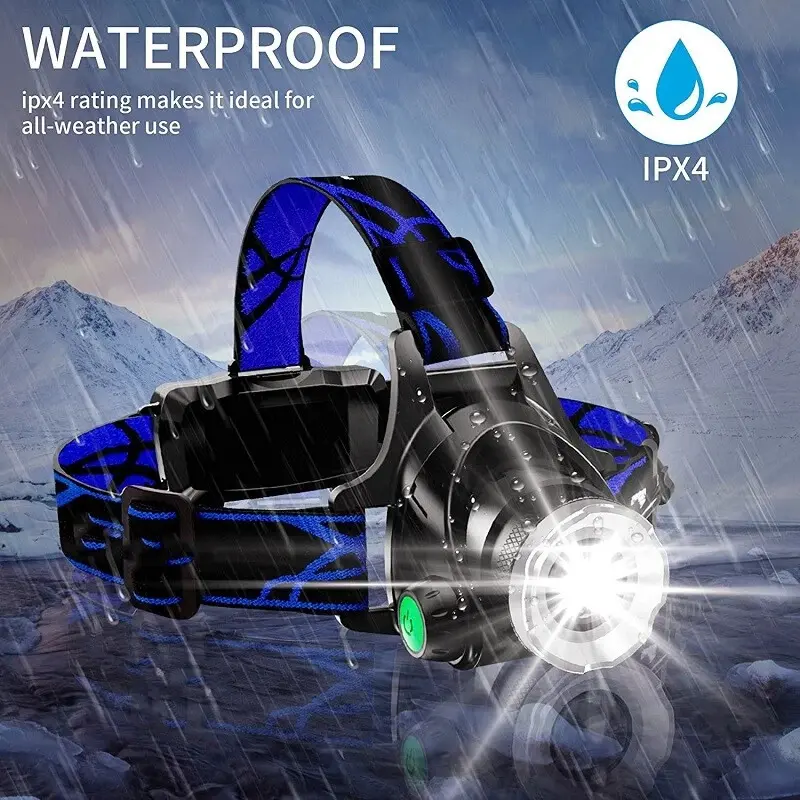 25000LM Rechargeable LED Headlamp, Zoomable Headlight Head Torch, High Brightness Flashlight for Outdoor Use