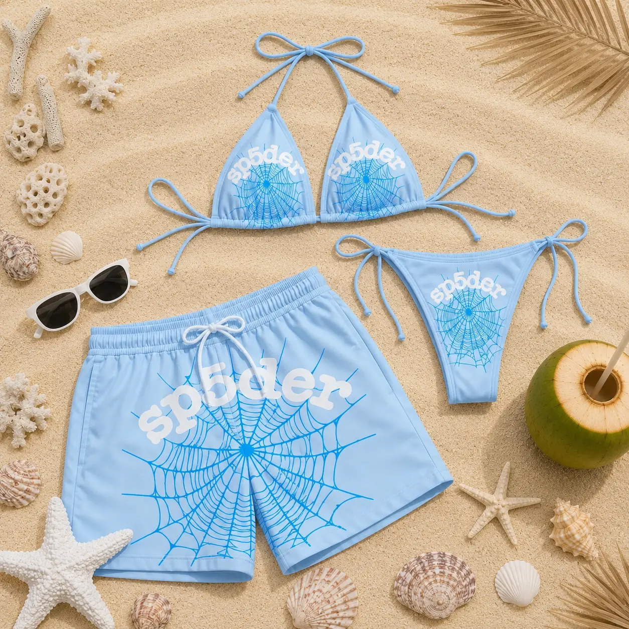 Couples Matching Spider Web Swimwear Set - Y2K Goth Women's Bikini and Men's Beach Shorts for Vacation, Sports & Outdoor Activities
