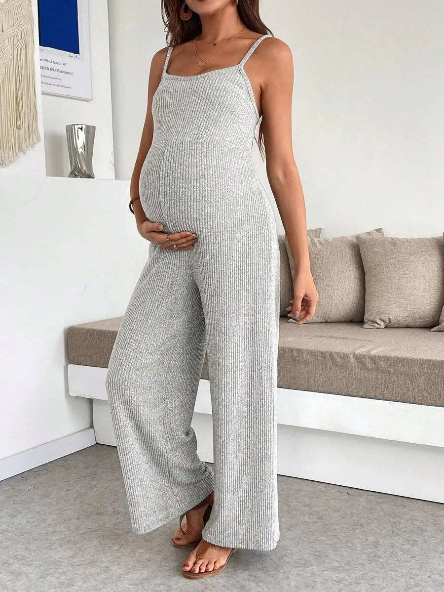 AVENO Pregnant Women Solid Color Wide Leg Loose Casual Jumpsuit