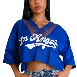 Covered Me Up Crop Top Blue Los Angeles Design Short Sleeve Mesh Style Top for Apparel Wear