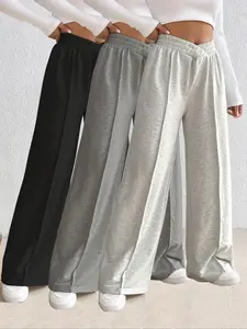 Women's Solid Color Elastic Waist Wide Leg Sweatpants, Chic Casual Comfy Trousers for Daily Wear, Ladies Bottoms for All Seasons, Baggy Pants, Casual Minimalist Trousers, Casual Lounge Pants