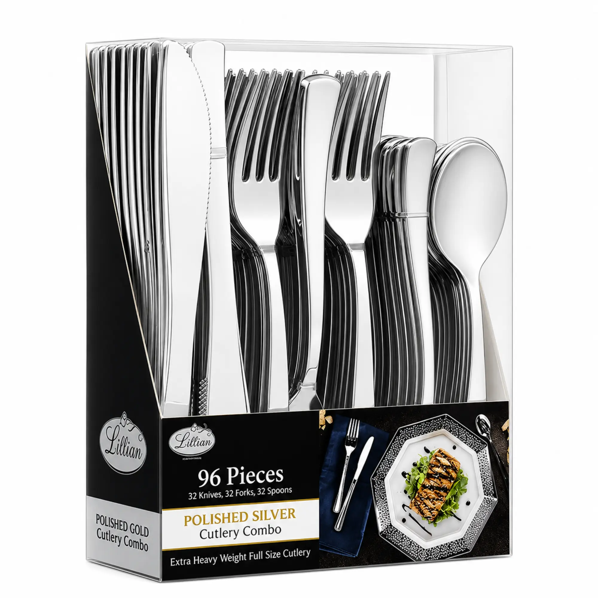 VeZee Lilian 96 Piece Heavyweight Plastic Silver Cutlery Combo Pack | Premium Disposable & Reusable Forks, Knives & Spoons Set | Elegant Party, Wedding, Catering & Event Tableware Set