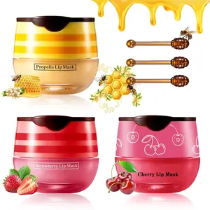3PCS Bee Lip Balm Honey Pot Honey Lip Balm Strawberry Honey Cherry Lip Sleeping Mask Hydrating Bee Lip Balm with Stick Day & Night Lip Care Products - Strawberry Honey Cherry