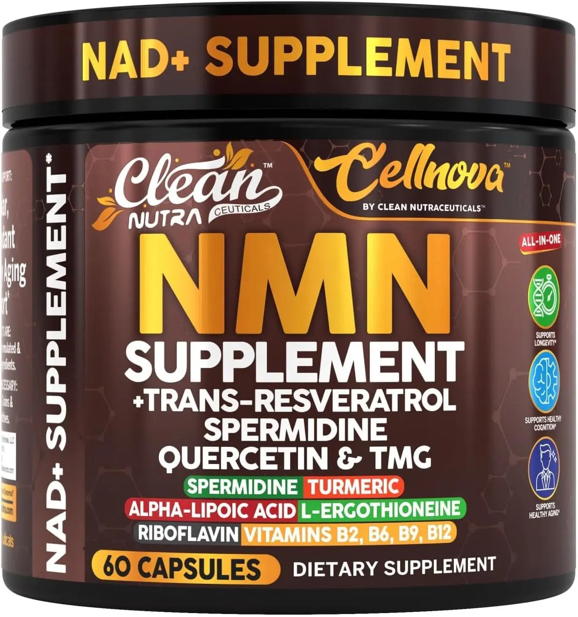 NMN Supplement 500mg NAD+ Resveratrol for Men and Women – NAD Supplement Jar with CoQ10 Ubiquinol Quercetin Spermidine TMG – Longevity Anti Aging Cellular Energy Brain Health – Nicotinamide Mononucleotide – 60 Vegetarian Capsules – Clean Nutra Cellnova