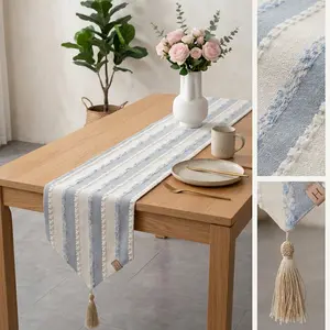 1Pc Boho Emerald Green Woven Table Runner with Tassels | Rustic Geometric Farmhouse Decor | Aesthetic Cotton Linen Tablecloth for Dining & Coffee Table (Runner Only)