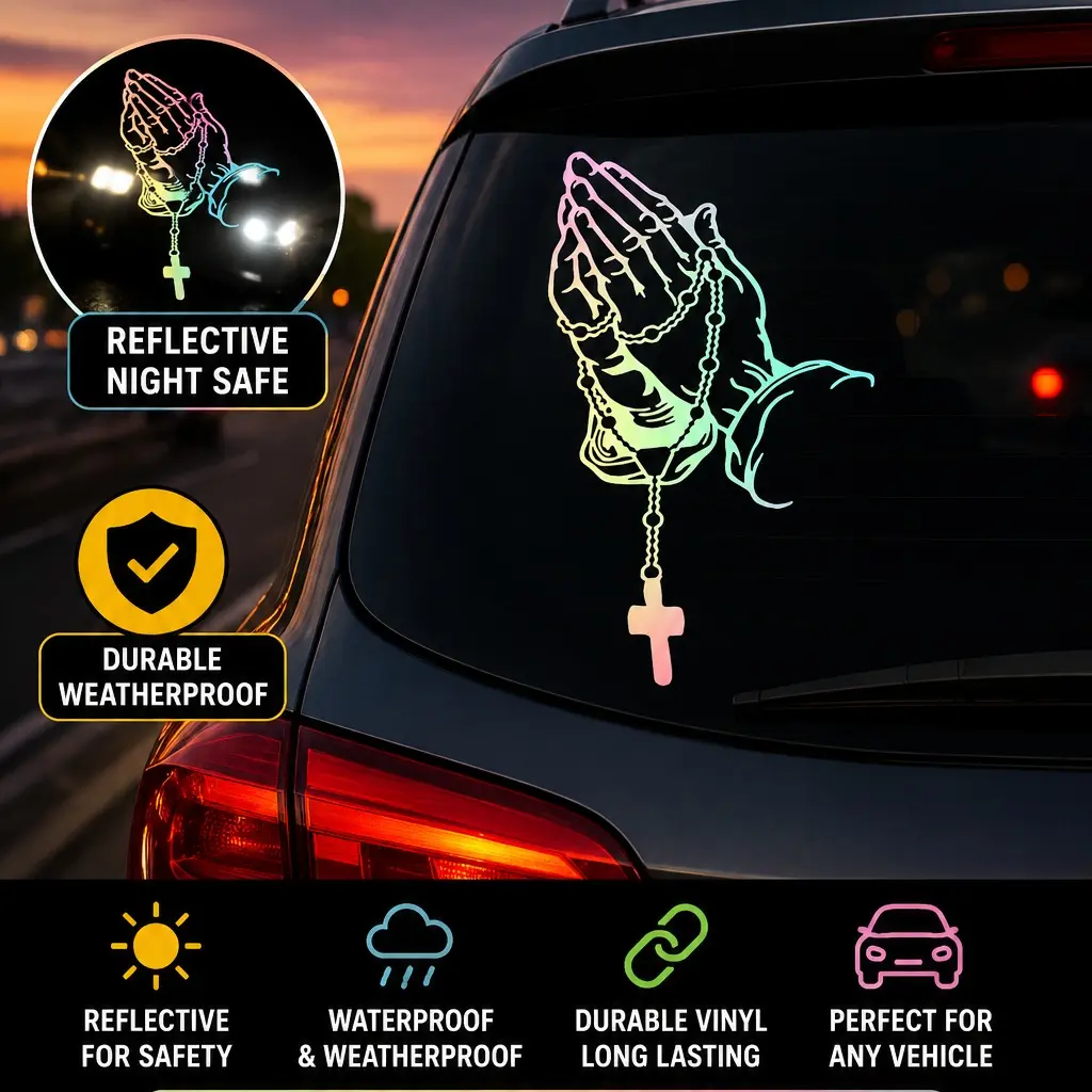 Pack of 5 Reflective Prayer Hands Cross Car Decal – Waterproof Christian Auto Sticker, Easy Peel & Stick, Multi-Color