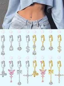 1 Set of Fake Belly Button Ring with Silicone Pad, Clip-On Belly Button Piercing, No Piercing Required Dangle Fake Belly Button Piercing Jewelry, Stainless Steel Sparkling CZ Fake Ear Cartilage Clip-On Earring for Women Girls