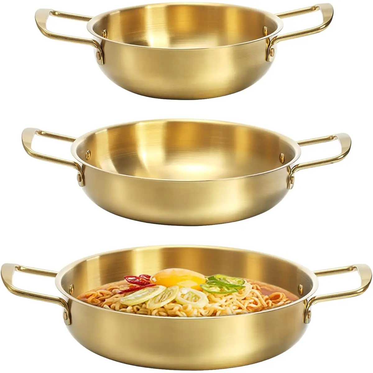 3-Piece Korean Ramen Pot Set with Durable Handle, Cookware Stainless Steel Cooking Skillet (7"/7.8"/8.6"), Dishwasher Safe