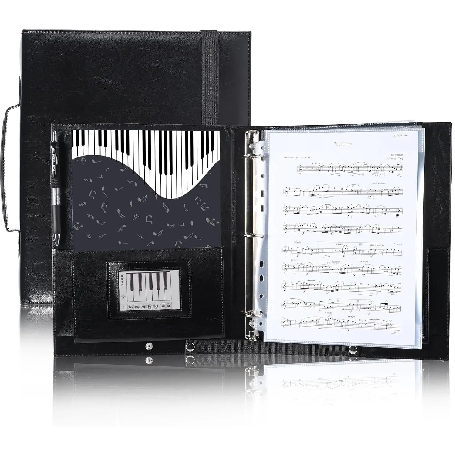 PU Leather Choral Sheet Music Folder Organizer - 3-Ring Piano Music Binder with Synthetic Plastic Sleeves, Adjustable Angle, Elastic Band, Hand Strap, Elastic Pen Holder, Easy Disassembly for Choir Rehearsal (Fits 8.5x11 in Letter Size, Black), Fixed Elas