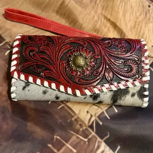 Red Western Tooled Leather Wristlet/ Wallet/Crossbody With Concho