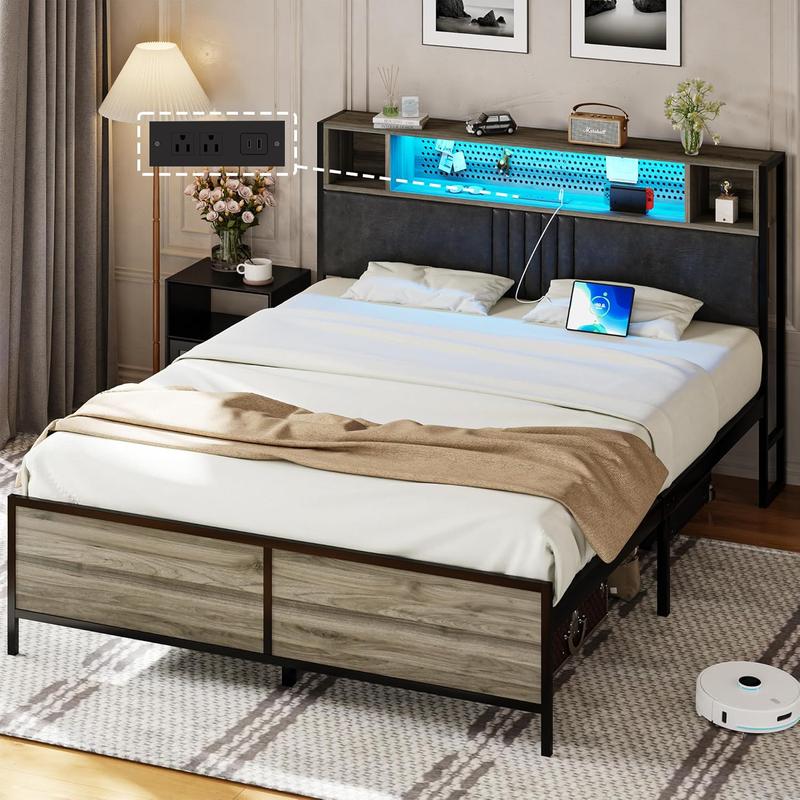 HOMBCK No mattress, Bed Frame, LED Light, Headboard Storage, Heavy Duty Metal Slat Support, No Box Spring Needed, Noise-Free