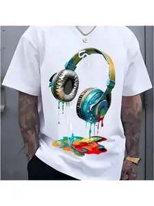 Men's navy blue printed T-shirt with a striking headphone graphic. Casual and stylish, short-sleeved crew neck, machine washable, perfect for summer wear. Street style T-shirt | Printed T-shirt | Durable casual wear.