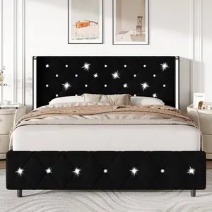Queen Bed Frame With Headboard, Velvet Upholstered Bed With Wingback And Diamond Tufted Design, Wood Slat Support,  Modern Bed Frame, Twin Bed Frames/ Full Size Bed Frame/ Queen Bed Frame/ King Size Bed Frame Black/Pink/White/Blue/Green/Purle