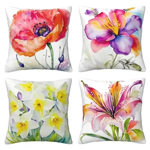 Flower Pillow Cover, Spring Colorful Flower Pattern, Lily, Rose, Green Leaf Watercolor Cushion Cover, Suitable for Outdoor Sofa, Bedroom, Farmhouse Style Decoration, 4-piece Set with Double sided Printing