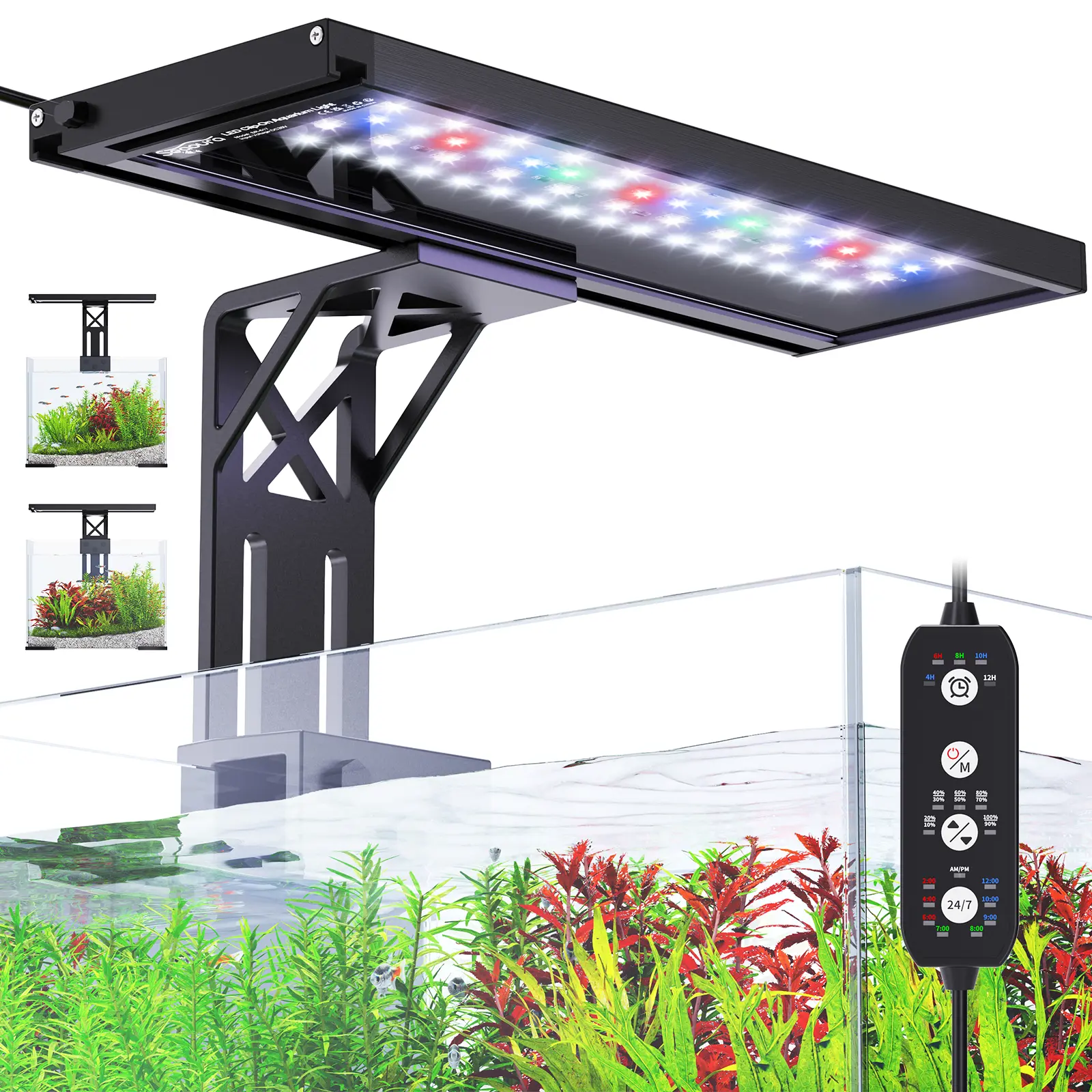 Seaoura SR-617 Clip-On 24/7 WRGB Full Spectrum Aquarium LED Light (12W) - Aquarium Equipment, 7-12Inch Planted Freshwater Fish Tank Use, IP68 Waterproof, Adjustable Timer & Brightness, 7 Color Modes, Sunrise-Daylight-Moonlight DIY Mode, Aluminum, Power Ou