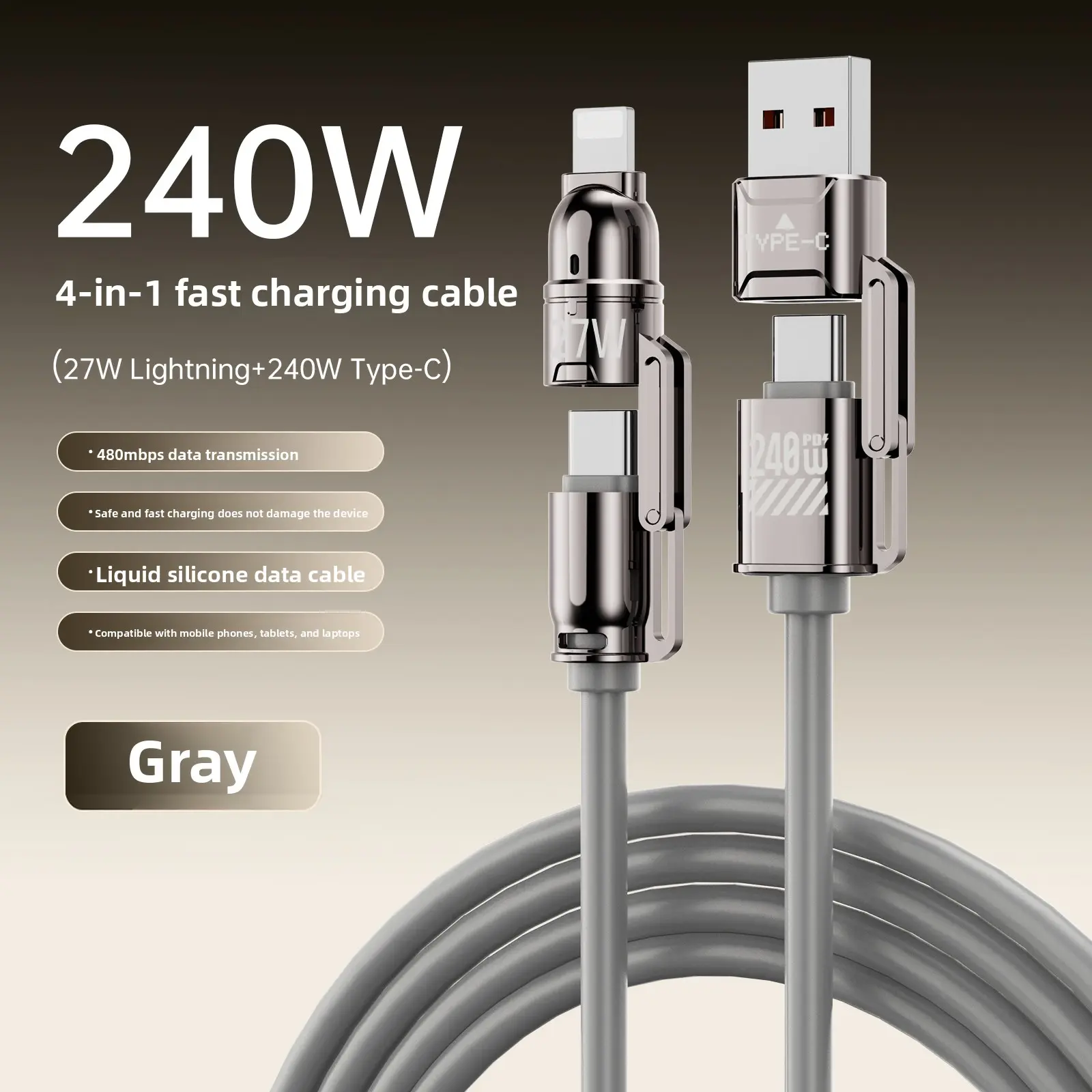 240W Max Charging Solution Set - Super Soft Liquid Silicone Durable 3.9FT 4 in 1 USB A+Type C Data Sync Cable & Fast Charger Adapter, Lightning USB-C Long Charger Cables for Phones & Tablets