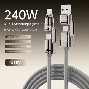 liquid silicone durable data cable 240W Fast Charger Set, Fast Charging Adapter with 3.9FT 4-in-1 USB A+Type C Data Sync Cable For PhonesTablets and Computers