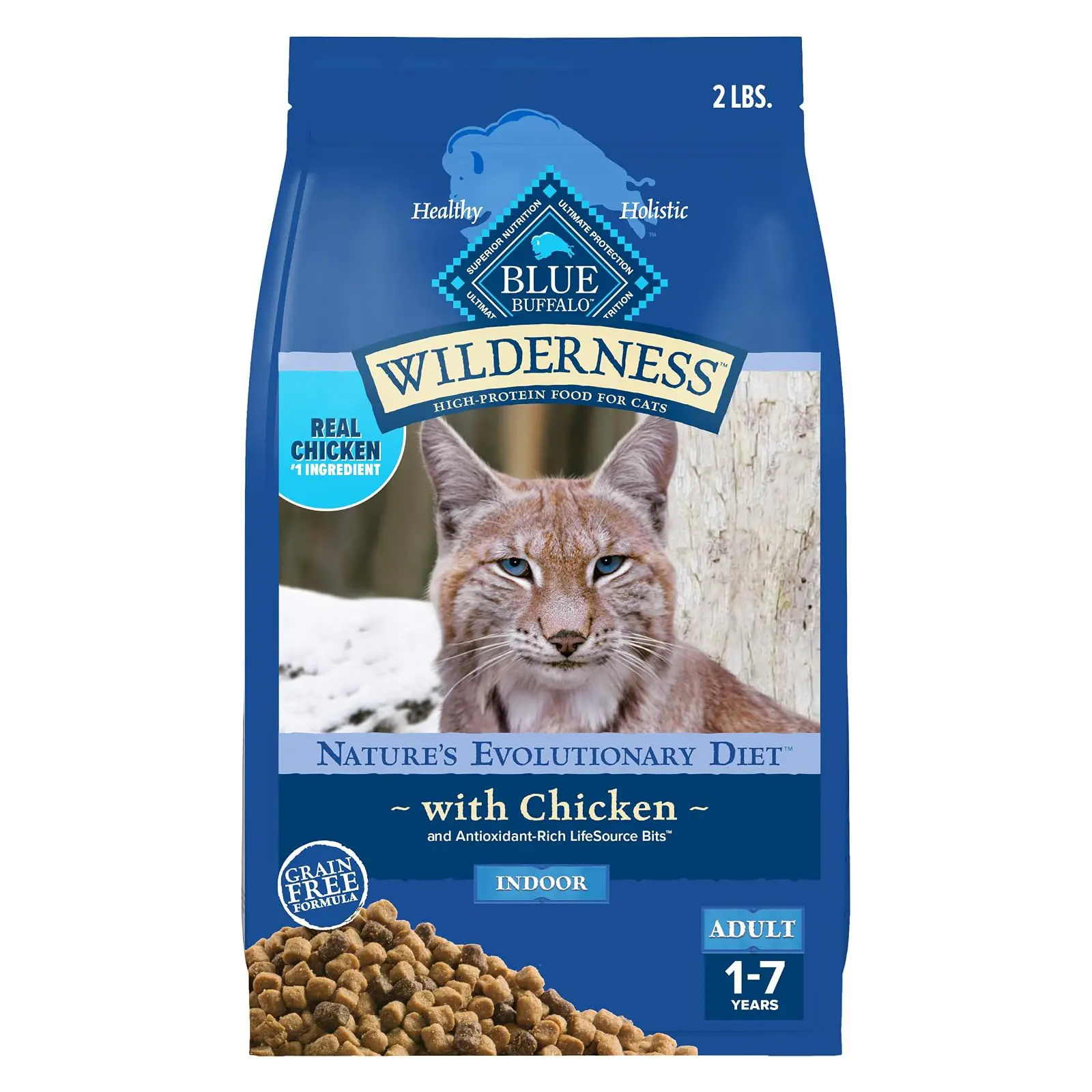 Blue Buffalo Wilderness Chicken Adult Indoor Dry Cat Food, Grain-Free, 2 lb High Protein, Real Chicken #1 Ingredient, Supports Immunity with Antioxidant-Rich LifeSource Bits, Promotes Healthy Digestion