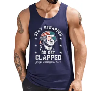 Style A 414Stay strapped or get clapped, George Washington,4th of July Tank Top , Summer Gym Muscle Sleeveless, Casual Knitted Slim Fit Beach Tank top