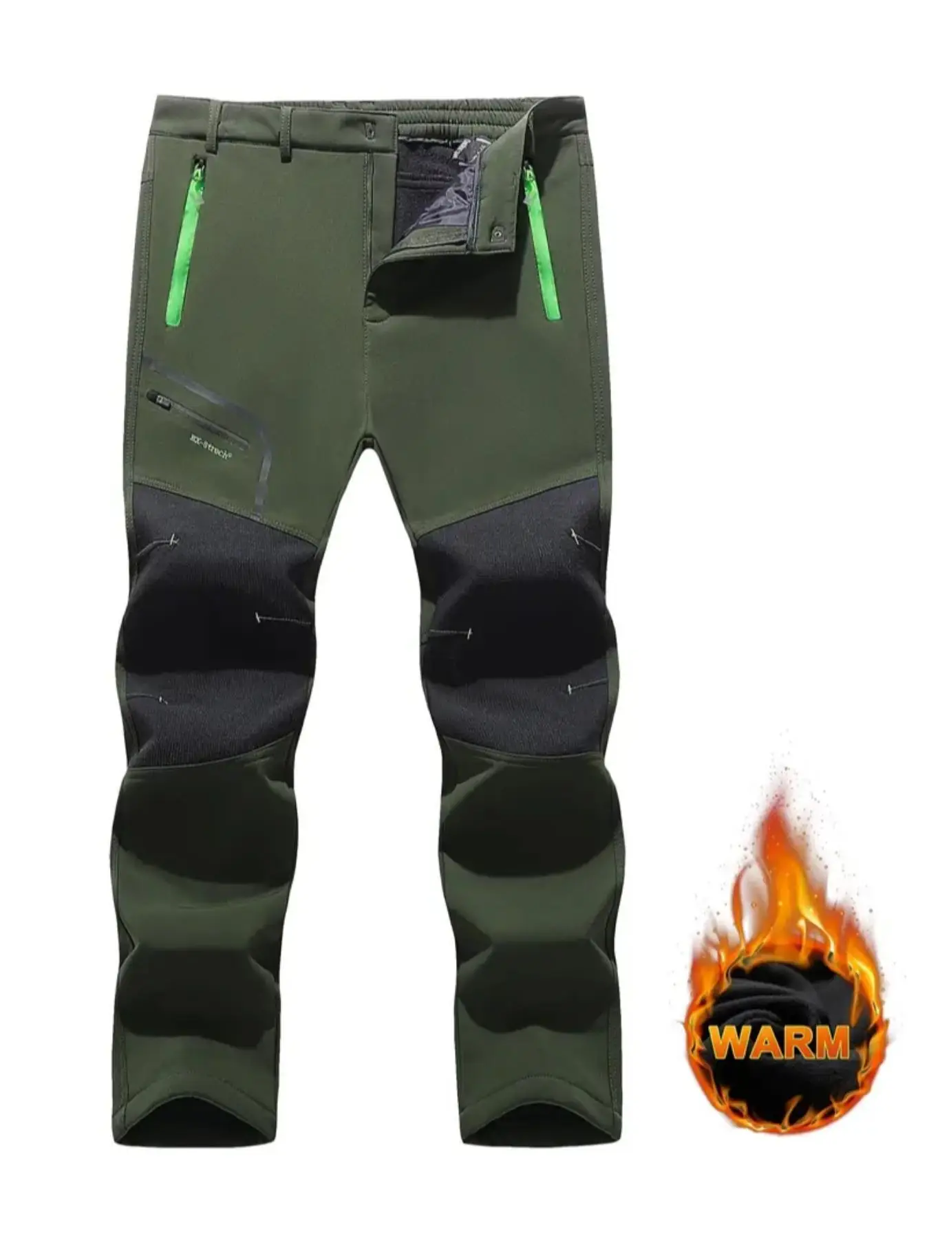 Men's Colorblock Pocket Zipper Fly Thermal Lined Pants, Regular Fit Casual Comfy Elastic Waist Warm Trousers for Outdoor Hiking Skiing, Men's Bottoms