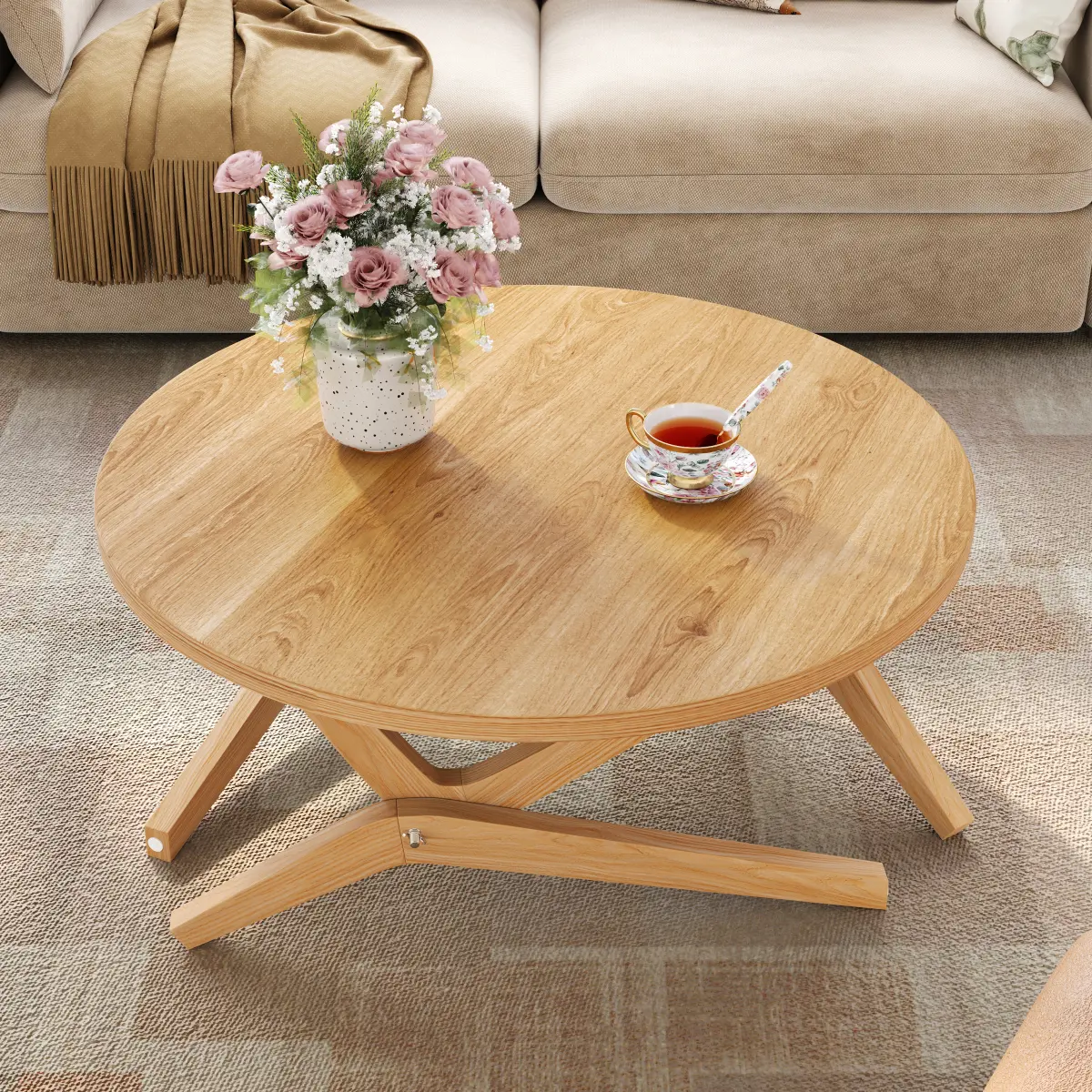 Round 2-in-1 Transformer Coffee Table with Adjustable Height, 16.5" for Coffee Table, 29.5" for Cocktail Table, Solid Wood, 34.5"