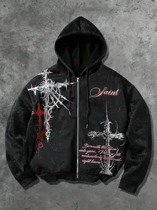 Gothic Thorn Cross Print Hoodie, Vintage High Street Subculture Zipper Sweatshirt, Loose Fit Casual Graphic Top, Graphic Hoodies, Gothic Rock Hoodie