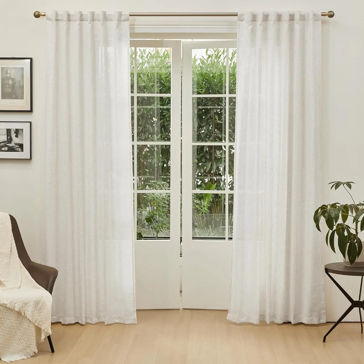MYSKY HOME Linen Semi Sheer Back Tab Curtains, 2-Panel Set (50" Wide x 84" Length) - Farmhouse Country Boho Style for Living Room Sliding Doors