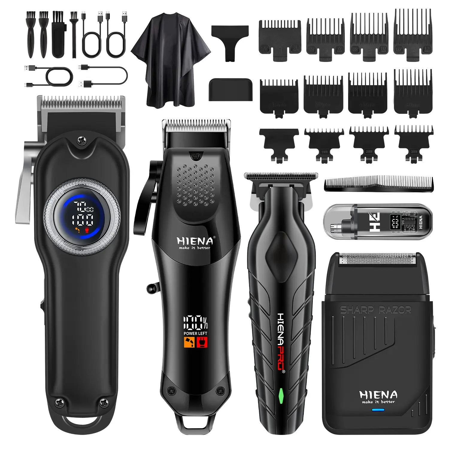 Multifunctional grooming set, including five-in-one hair clipper, beard trimmer, razor, nose hair trimmer, Trimmer Cordless, designed for men. This wireless rechargeable set is equipped with LED display, which is suitable for hairdressers and individuals