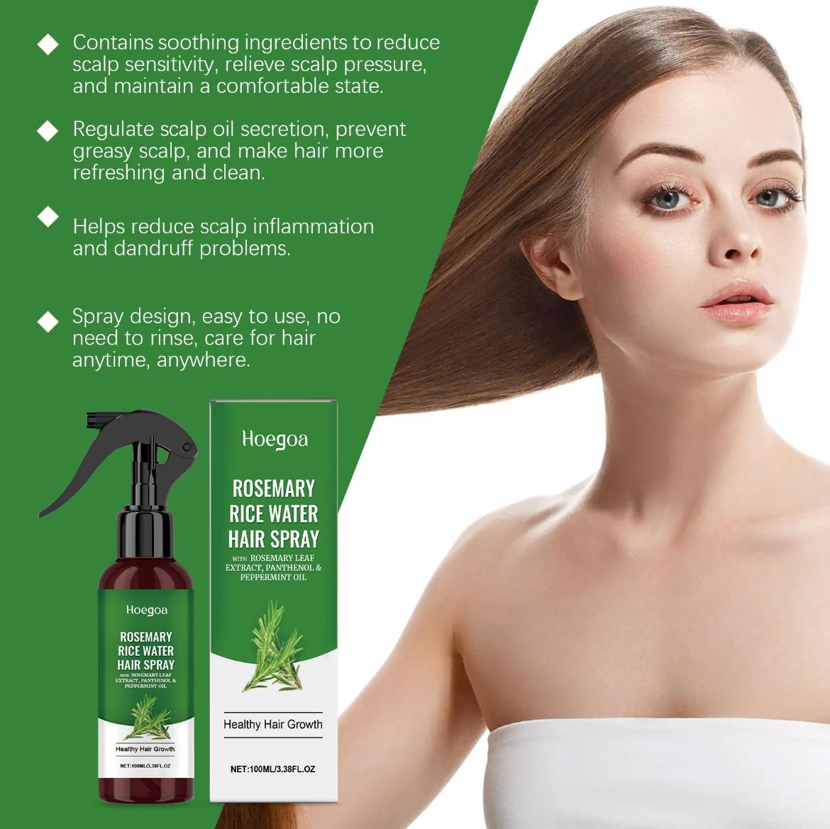 [Buy 2 Get 2 Free]Rosemary Rice Water Spray Liquid, 3.38 FL OZ, with Rosmarinus Leaf Extract & Mentha Piperita (Peppermint) Oil, Scalp Nourishment & Massage Haircare Fuzz Booster for All Hair Types