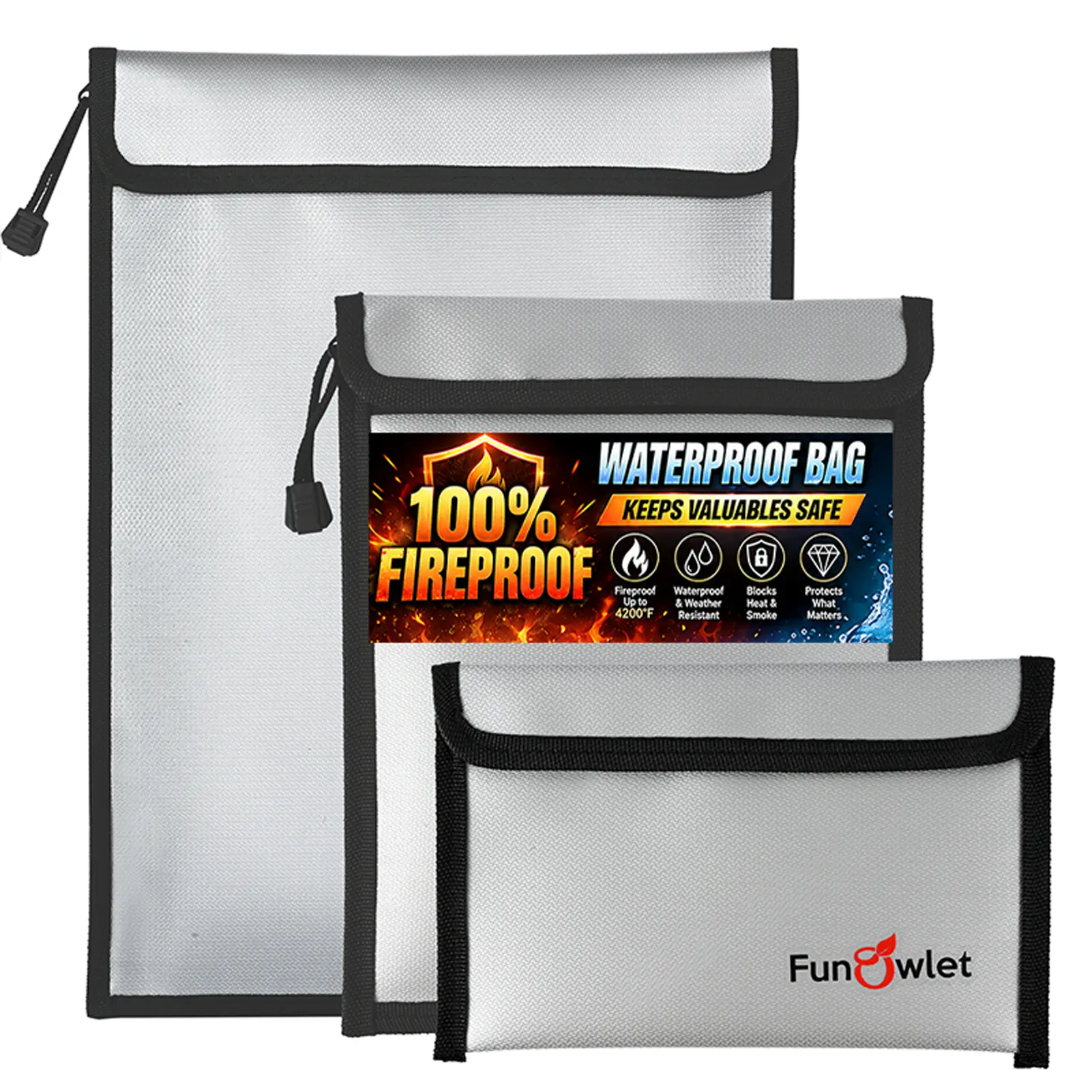 Fireproof Waterproof Money Document Bag, 3Pack Safe Pouch Fire and Water Resistant ,Zipper Storage Organizer, for Important Papers, Cash, Passports, Jewelry & Electronics