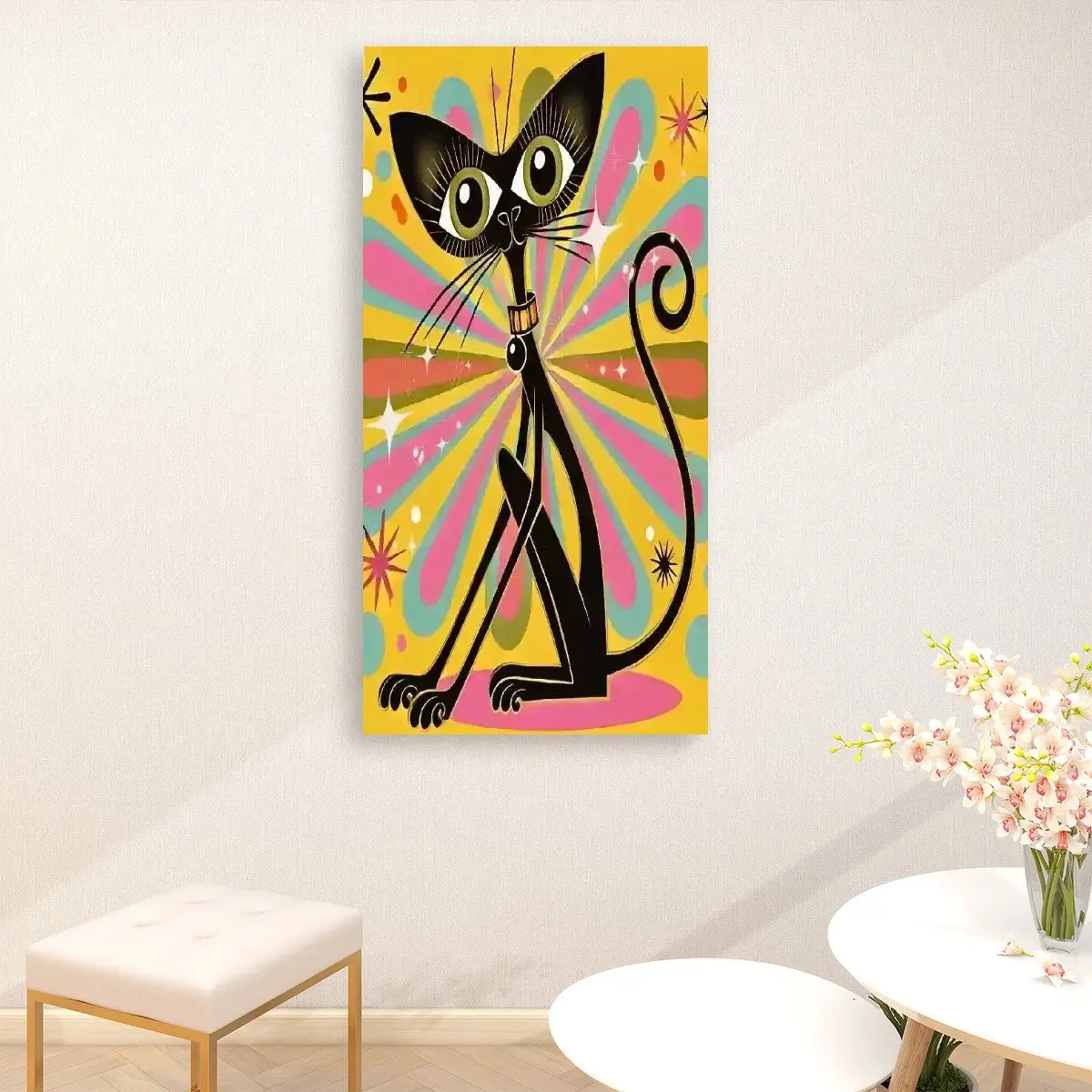 Atomic Groovy Cat Wall Art, Kitschy Retro Quirky Cat Lover Large Canvas Print