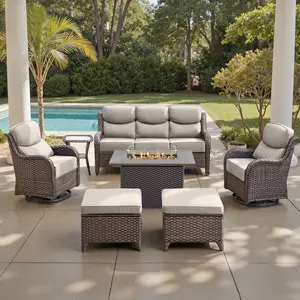 【4 Packages Shipping】Belord 7-Piece Wicker Patio Fire Pit Set, Sofa & Swivel Chairs, NT Series