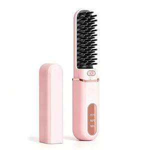 Cordless Hair Straightener Brush - 3 Temp Levels, Adjustable, Smooth, Anti-Scald, Rechargeable Mini Portable Heated Styling Comb for Travel