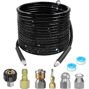 Washer Sewer Jetter Kit - 50Ft Abrasion Resistant Hydro Drain Cleaner Hose, 6 Count Nozzles (Corner, Rotating, Button Nose), 4.0/4.5 Orifices, 1/4" NPT, Quick Connect Plug, 5800 PSI, for Any Washer Brand & Toilet Cleaning