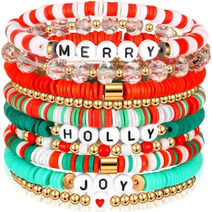 Festive Polymer Clay Elastic Bracelets with Joyful Messages, Plastic Bead Jewelry, Women's Seasonal Party Accessories, Many [Christmas Holiday Bracelet Sets] 10-Piece Pack
