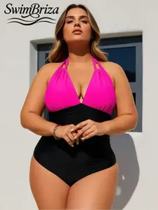 Briza｜Halter Deep V One Piece Swimsuit In Hot Pink And Black, Plus Size Swimsuits, Bathing Suits Tummy Control And Tummy Control Swimwear For Bathing Suits For Women And Swimsuits For Women, Vacation Swimwear For Women With Confidence