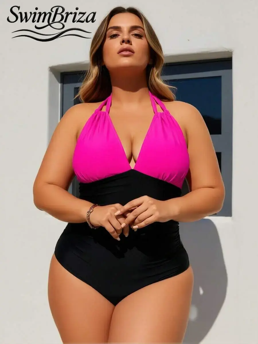 Briza｜Halter Deep V One Piece Swimsuit In Hot Pink And Black, Plus Size Swimsuits, Bathing Suits Tummy Control And Tummy Control Swimwear For Bathing Suits For Women And Swimsuits For Women, Vacation Swimwear For Women With Confidence