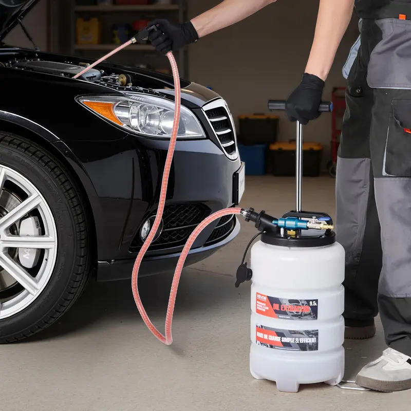 VEVOR 9.5L Manual/Pneumatic Vacuum Oil Extractor Pump, 59in Long Horse Brake-Fluid Hose, 3x47in Ext Tubes, Durable PE Tank, Airtight No-Drip Seal for Oil Change, Cars, Lawn Equipment