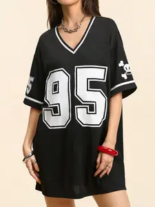 American Dark Style Skull Print Plus Size Dress, V-Neck Loose Short Dress, Streetwear/subculture Fashion for Curvy Women