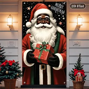 Christmas African American Santa Door Flag, Neighbors Uncle Costume Design, Durable Polyester Fabric, Holiday Party Decoration, Home Decor, Festive Decorations