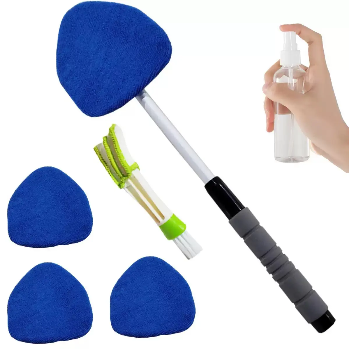 6PCS Windshield Cleaner Tool Kit, Microfiber Car Window Cleaner with Extendable Handle, 3 Reusable Washable Pads, Air Vent Brush & Empty Spray Bottle, Auto Glass Cleaning Tool for Car SUV Truck RV, Car Detailing Supplies